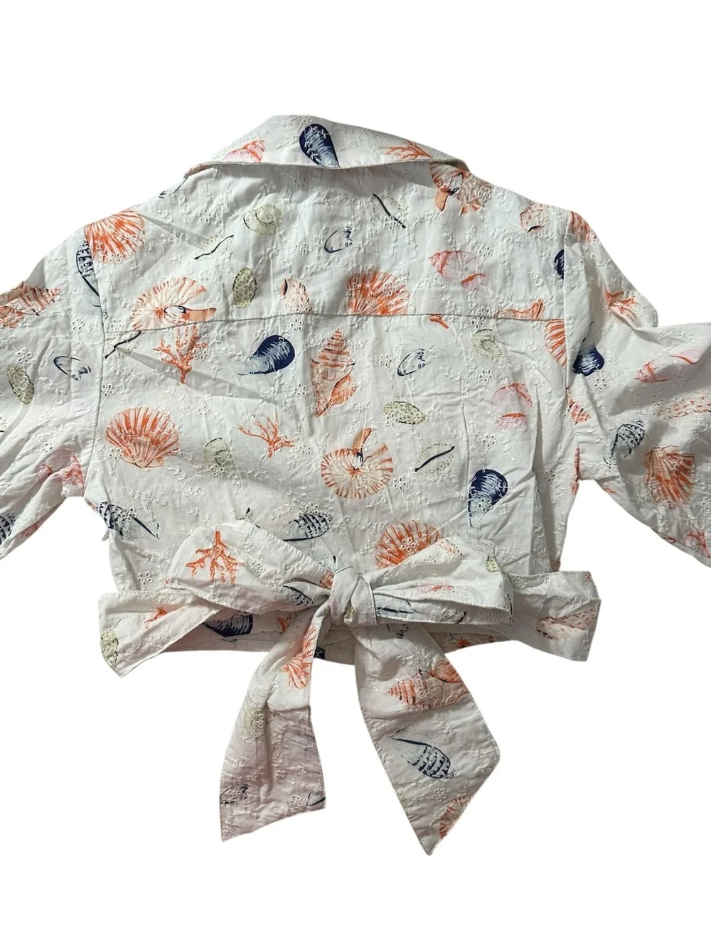 NWT Anthro Maeve White Embroidered Seashells Cropped Top Back Tie Puff Sleeves - Picture 6 of 11